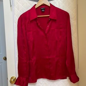 MixIt Long Sleeve Button Down Red 100 % Silk Shirt, Size 14